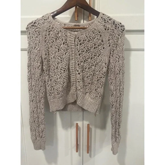 Free People Crochet Knit Cardigan Sweater Long Sleeve Neutral Boho Chic S - Picture 1 of 6